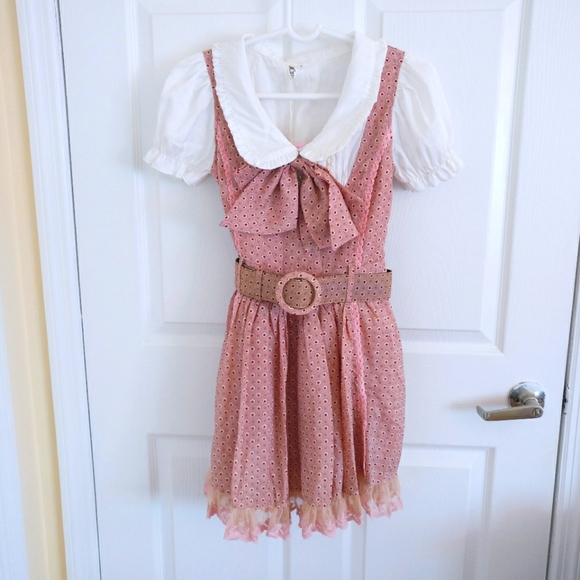 Inset Blouse Lace-Trim Belted Dress Small - Picture 2 of 9